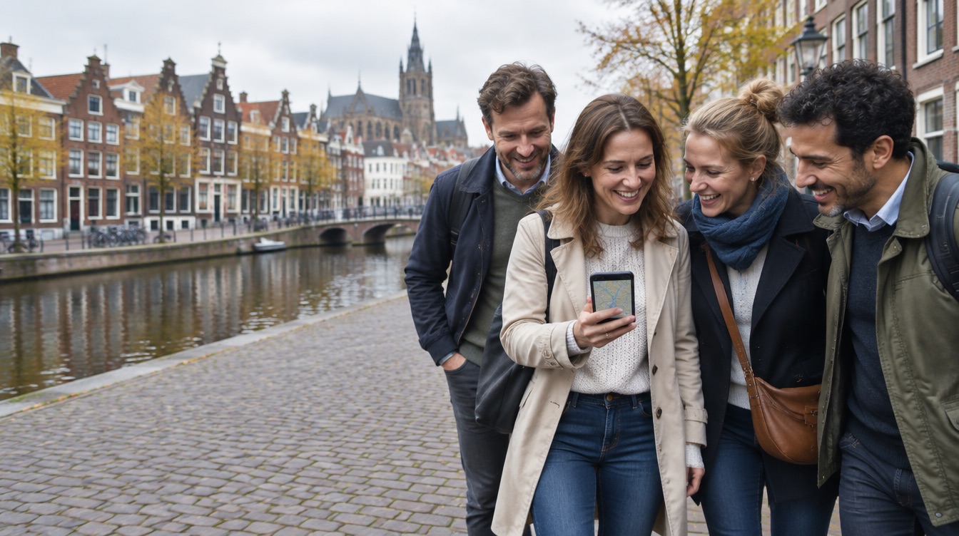 Vier collega's kijken lachend naar de StepQuests-app op een telefoon, aan een gracht in Haarlem